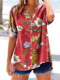 Women's Folk Floral Art Printed Casual Short Sleeve Cotton and Linen S
