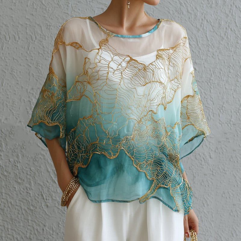 Vintage Marble Texture Collection Retro Bohemia Women Style Gradient Gilded Pattern Linen Round Neck T-shirt elevenforest