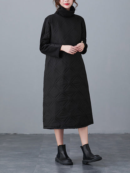 A-line Long Sleeves Color High-neck Midi Dresses