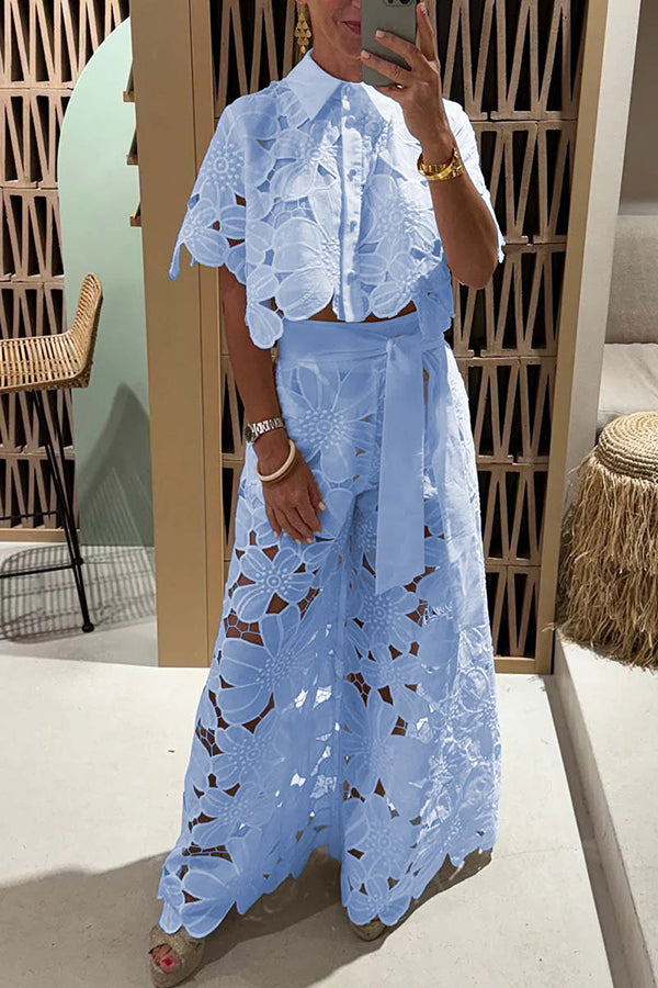 Redefining Elegance Lace Cropped Shirt and Belt Pocketed Wide Leg Pants Set