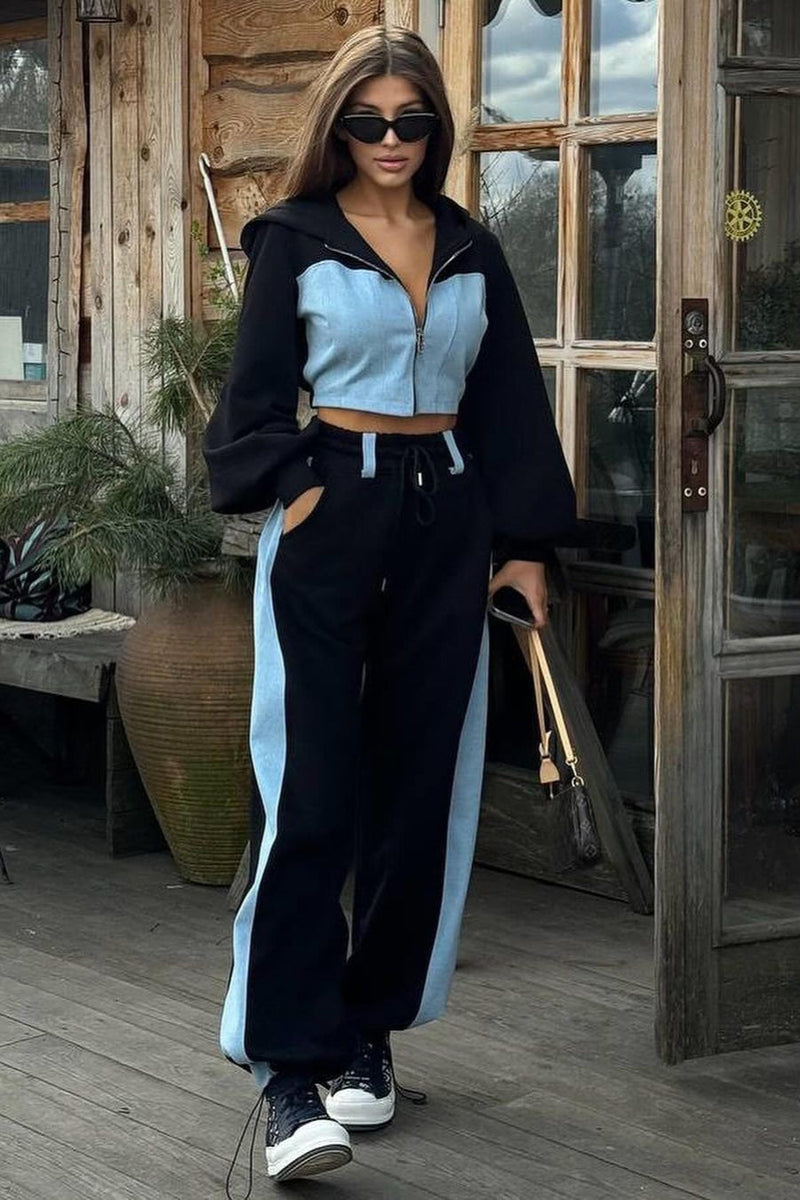 Color Block Hoodie Denim Two Piece Pants Set