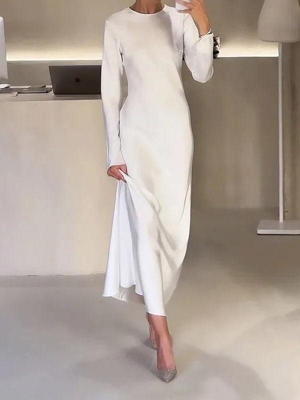 A-line High Waisted Color Round-neck Maxi Dresses