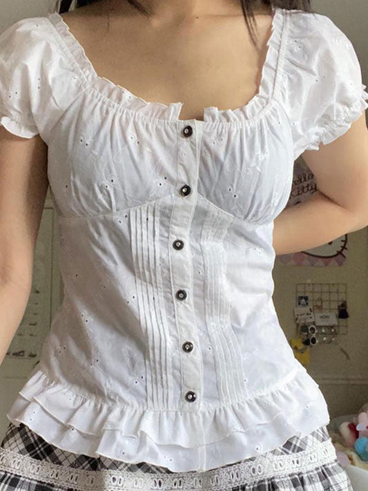 Broderie Lace Ruffle Crop Blouse With Tie Back