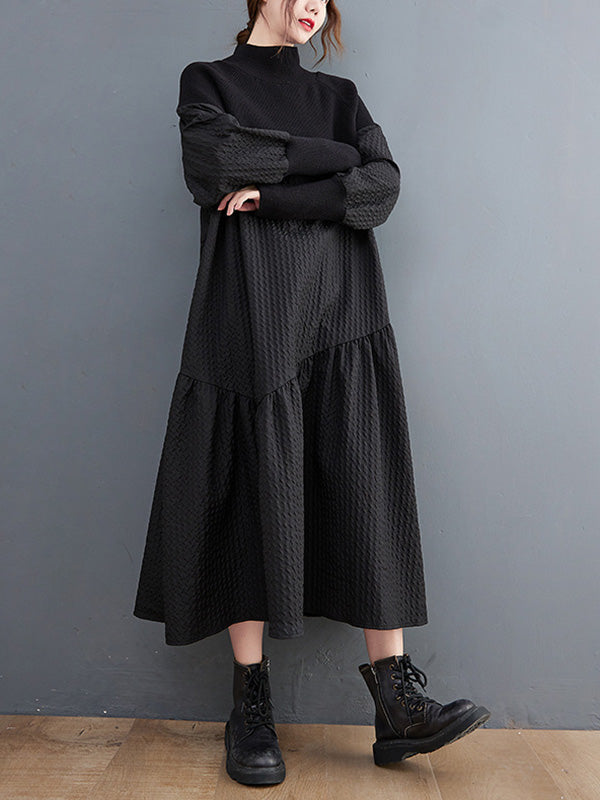 Long Sleeves Loose Split-joint Jacquard High-neck Sweater Dresses