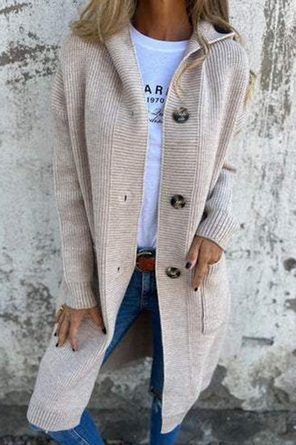 Color Hooded Pocket Mid-length Knitted Cardigan