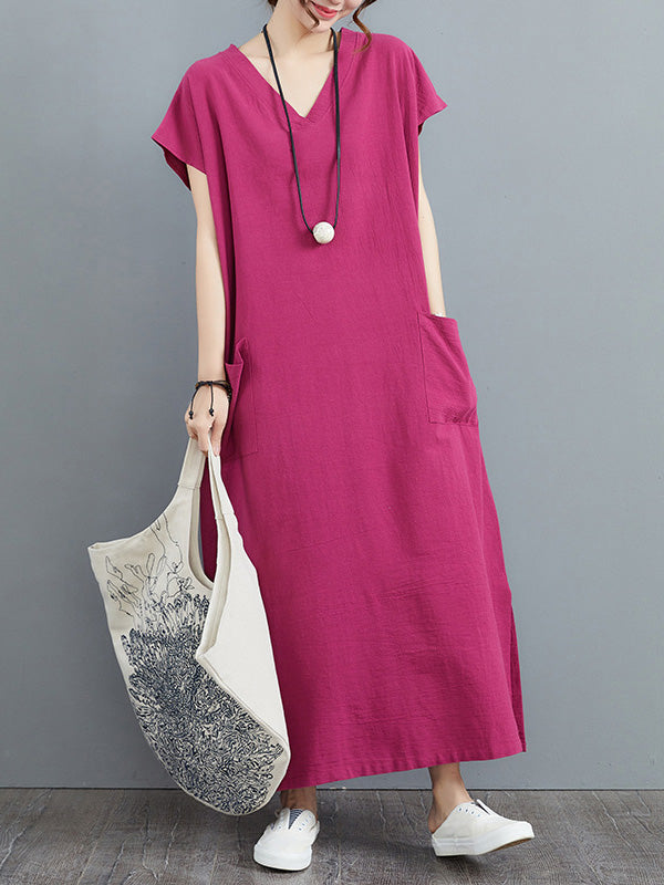 Simple Ramie Cotton Color Split-side With Pocket V-neck Short Sleeves Maxi Dress