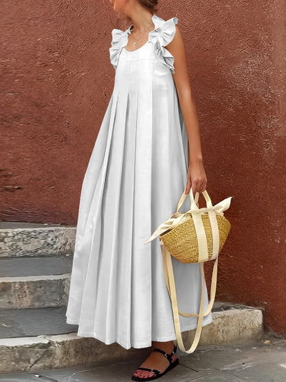 A-line Loose Pleated Ruffle Trim Split-joint Square-neck Maxi Dresses