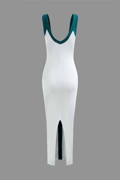 Colorblock V Neck Knit Slim Split Maxi Dress