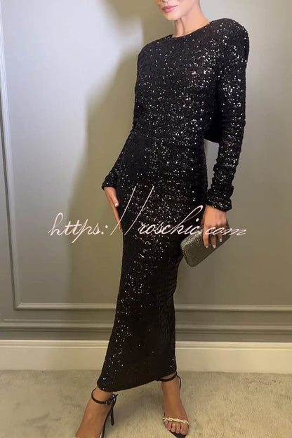 Looking to Party Sequin Padded Shoulder Backless Bow Design Maxi Dress