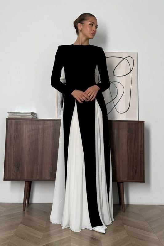Contrast Color Double-layered Tulle Long-sleeved Maxi Dress