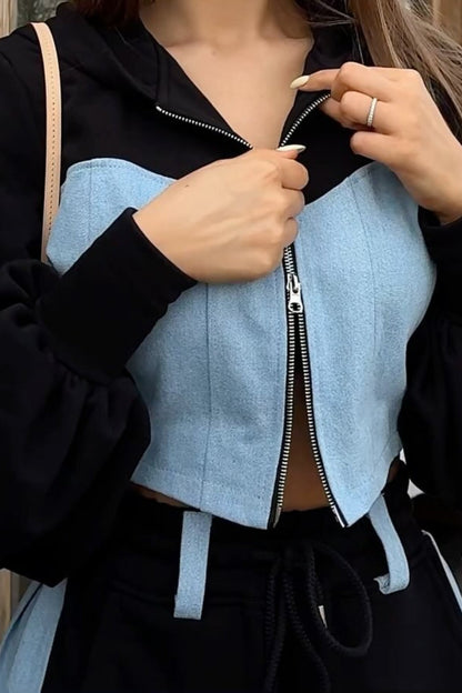 Color Block Hoodie Denim Two Piece Pants Set