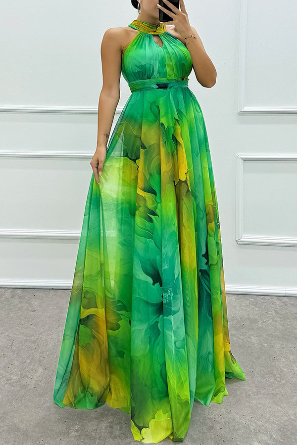 Elaine Tulle Splash Print Cutout Halter Tie-up Neck Gown Maxi Dress