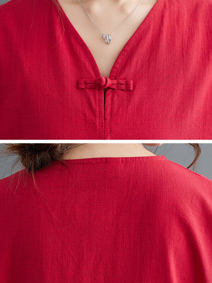 A-line Loose Chinese Frog Buttons Pockets Color Split-side V-neck Midi Dresses