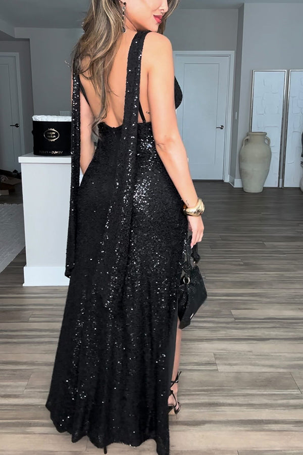 All the Sparkle Sequin Cowl Neck Backless Slit Stretch Maxi Dress