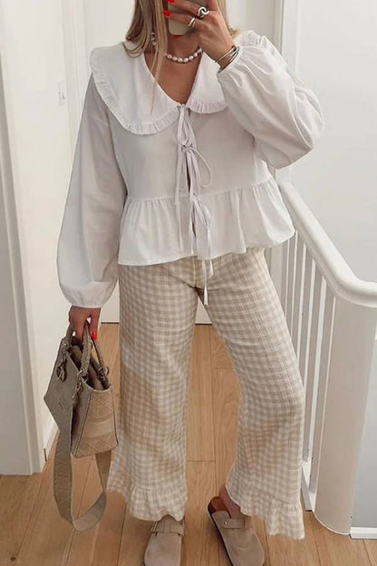 Color Lace-up Long Sleeve Cardigan Shirt