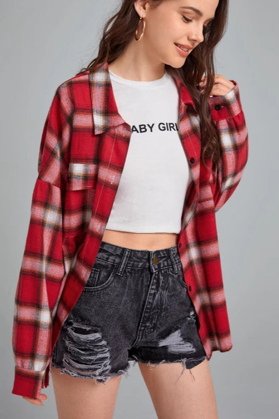 Plaid Stand Collar Button Shirt Blouse