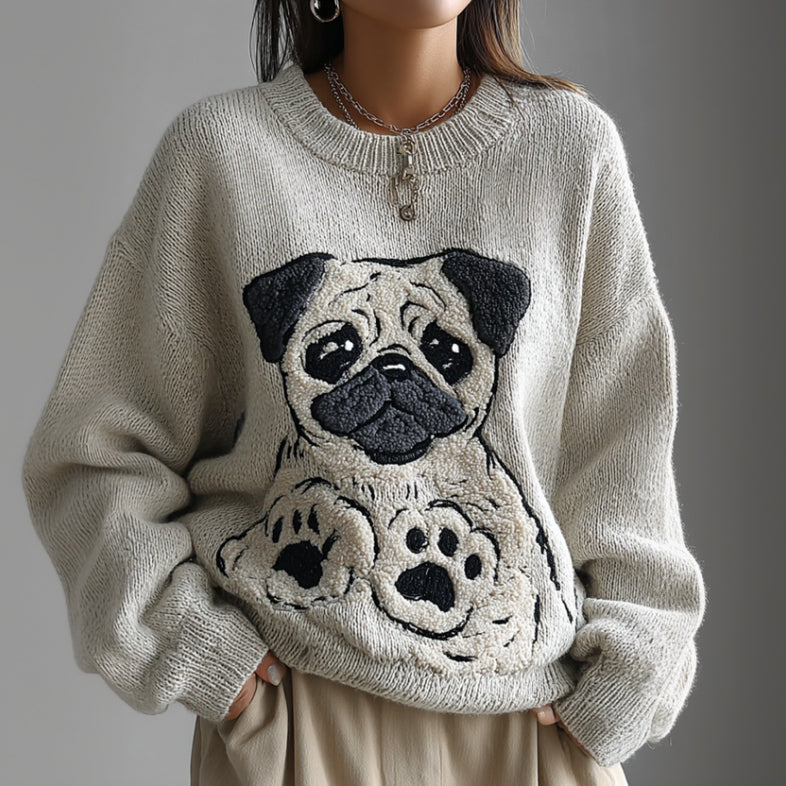 Lovely Cute Pug Embroidery Art Loose Cozy Knit Sweater artswardrobe
