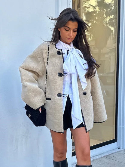 Round Neck Furry Jacket for New Autumn Winter Single Breasted Pocket Coat Female Warm Fleece Lady Outerwear