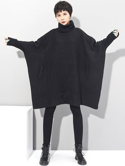 Super Loose Black High-neck Knitting Batwing Sleeves Sweater Dress