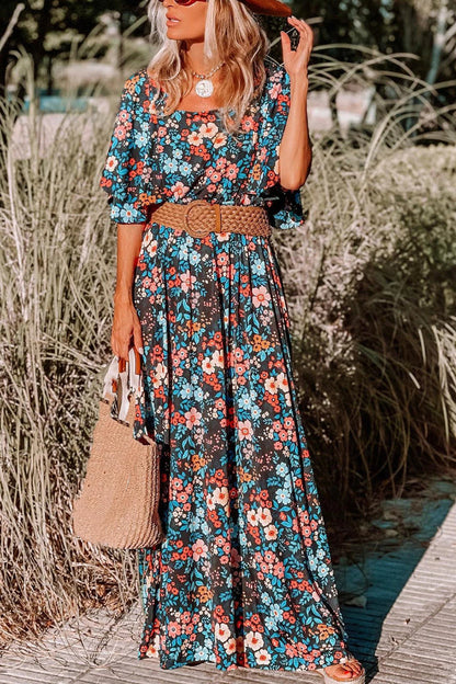 Sky Blue Print Knotted Backless Maxi Dress