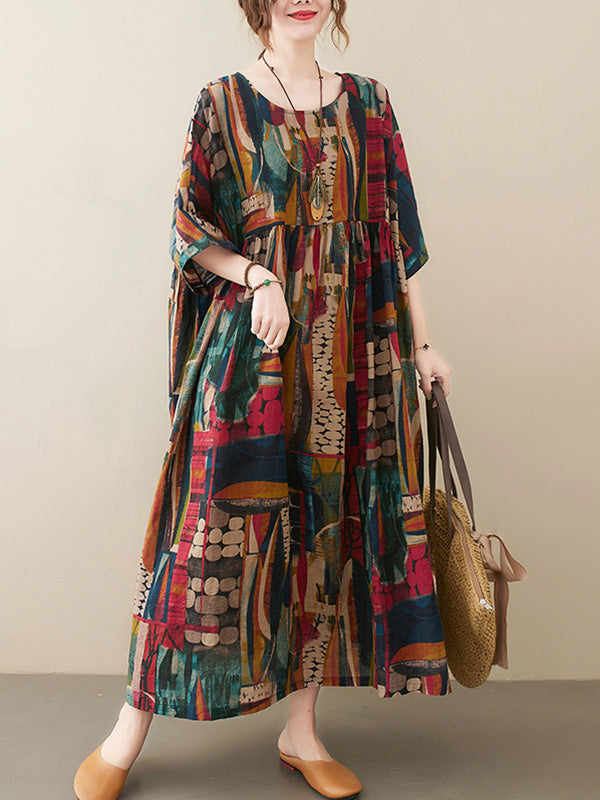 Loose Abstract Printed Pleated Round-neck Half Sleeves Midi Dress