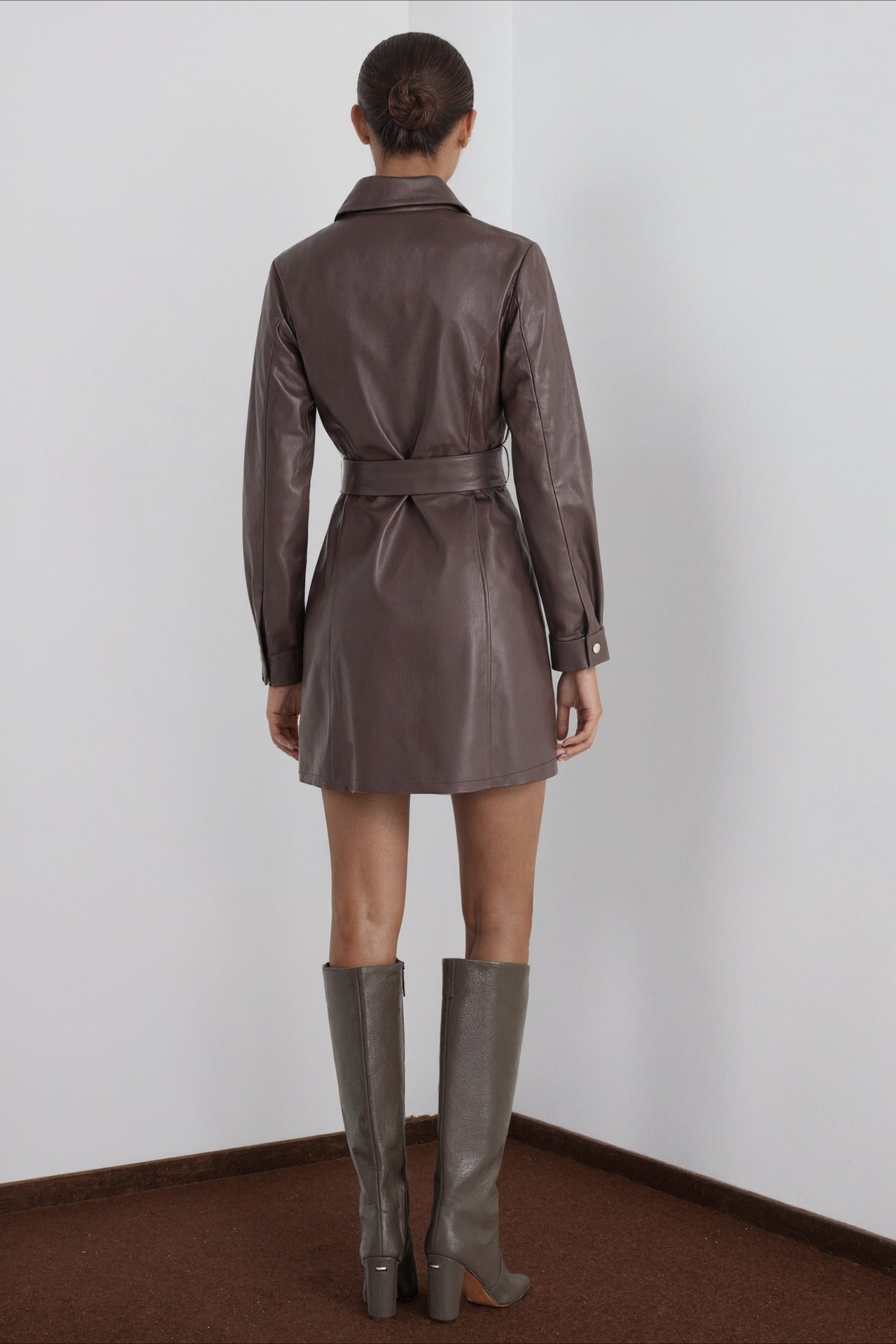 Faux Leather Belted Mid-length Long Sleeve Trench Coat