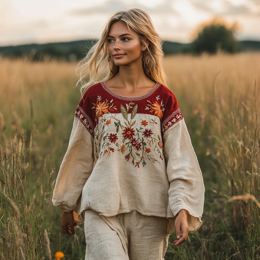 Retro Bohemian Floral Embroidery Art  Linen Blend Loose Blouse elevenforest