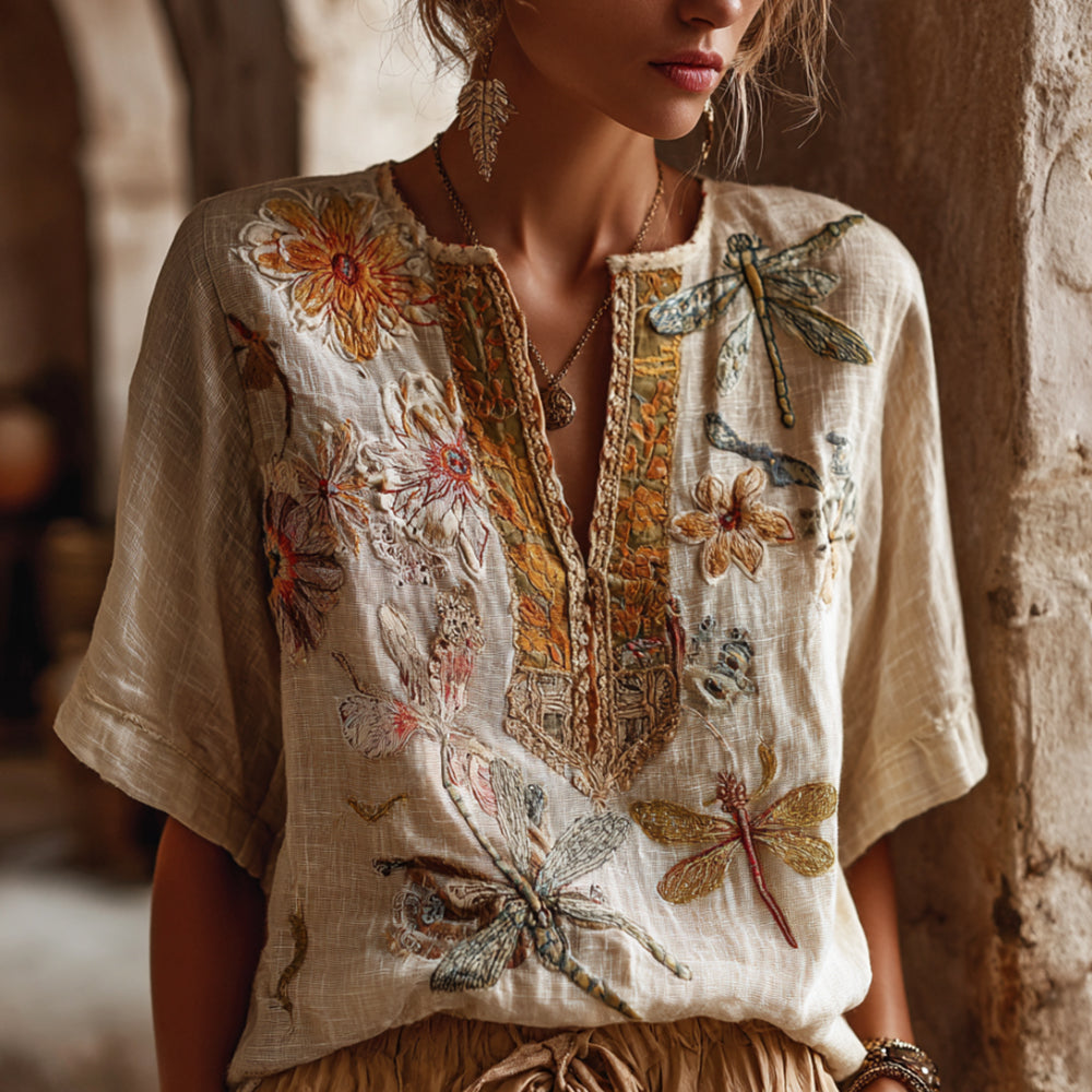 Bohemian Style Knitted Dragonfly Loose Short-sleeved V-neck Top elevenforest