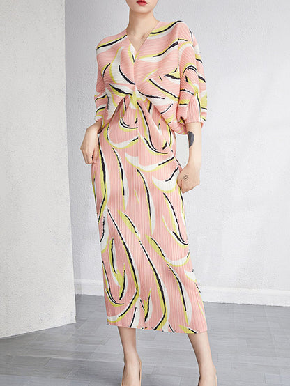Urban Loose Batwing Sleeves Printed Pleated V-neck Midi Dresses