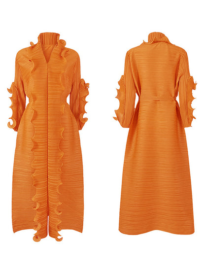 Original Loose Long Sleeves Tied Pleated Falbala Color V-neck Maxi Dresses