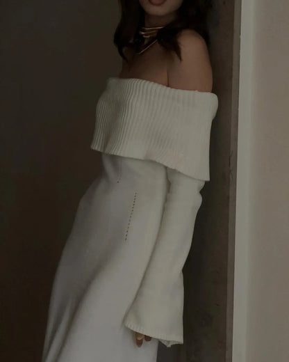 Off-shoulder Elegance - Ribbed Knit Maxi Dress