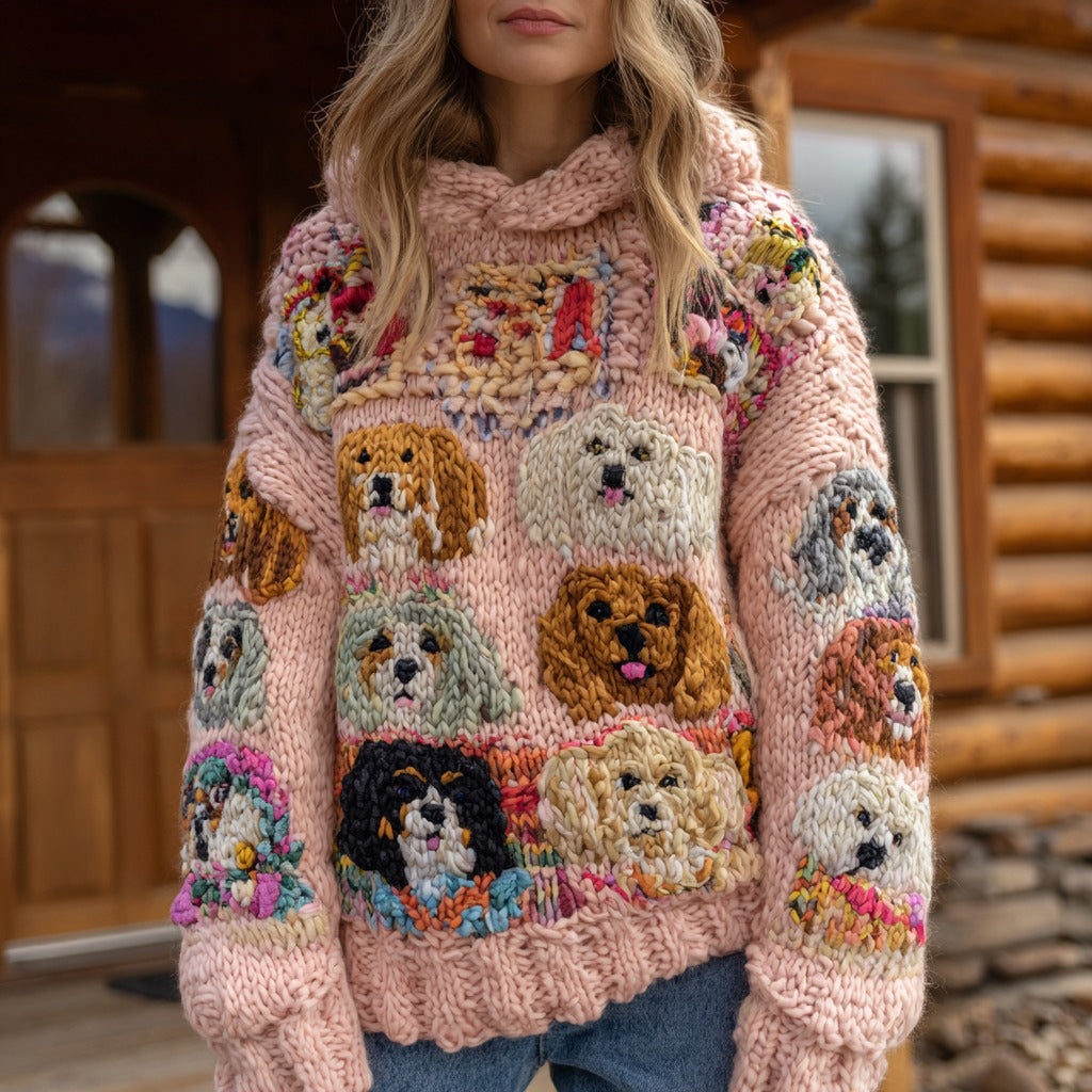 Comstylish Women's Colorful Puppy Pattern Cozy Chunky Knit Hooded Sweater