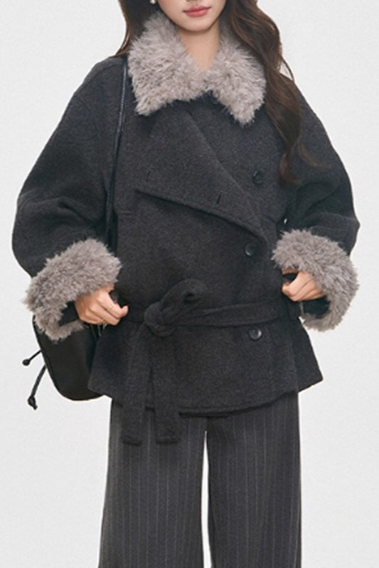 Petite Faux Fur Collar Thick Wool Blend Coat