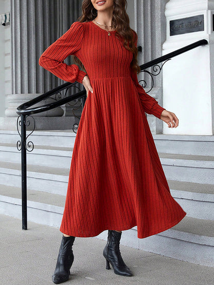 A-line Long Sleeves Color Split-joint Round-neck Midi Dresses