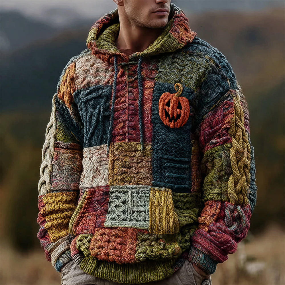 Halloween Pumpkin Face Geometric Patchwork Men's Chunky Knit Hooded Sweater artswardrobe