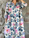 Women's Resort Watercolor Floral Pattern Cotton Shirt Dress
