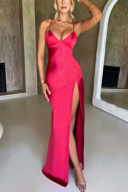 Satin Color Backless Lace Up High Slit Maxi Dress
