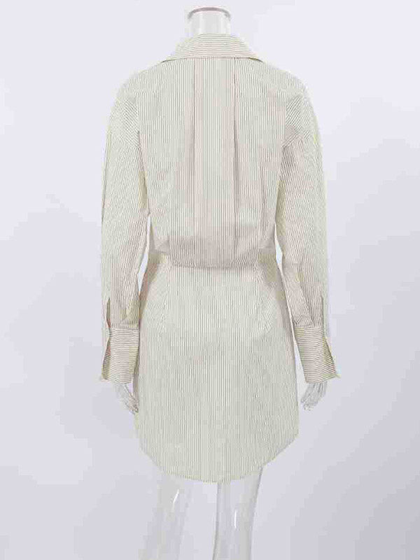 Flared Sleeves Long Sleeves Buttoned Striped Lapel Mini Dresses Shirt Dress