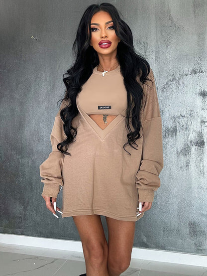 Loose Color Round-neck Mini Dresses & Vest Top Two Pieces Set