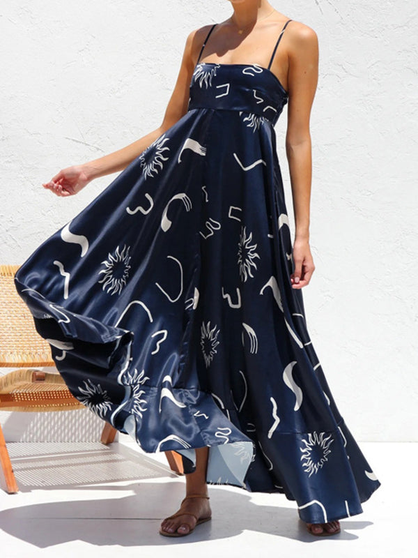 Loose Sleeveless Printed Split-joint Spaghetti-neck Maxi Dresses