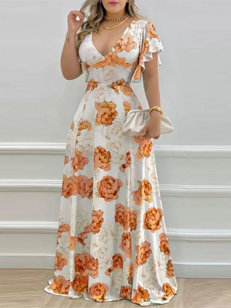 Summer New Flower Print Long Dresses Temperament V-neck Petal Short Sleeves Maxi Dress Lady Commuting Vestido
