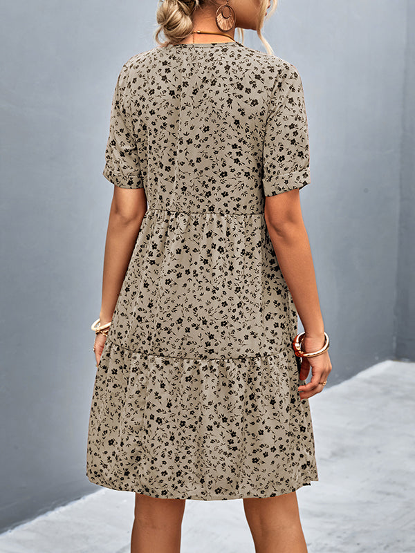 Short Sleeves Flower Print Split-joint V-neck Mini Dresses