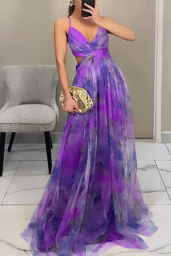 ' Summer Princess Chiffon Printed Hollow Waist and Back Lace Up Long Dress
