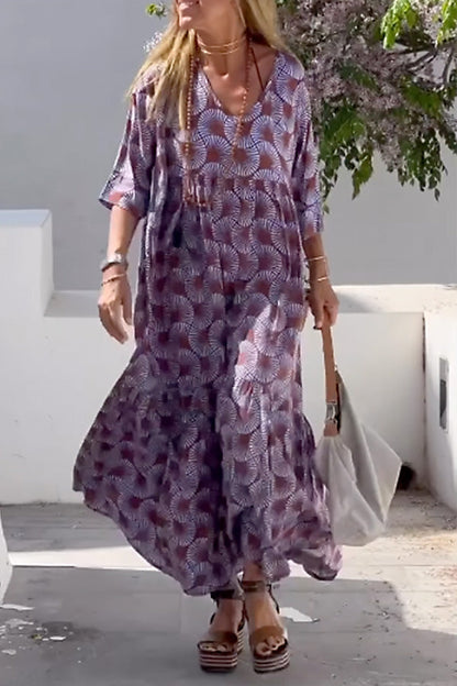 Ibiza Print Loose V Neck Long Sleeve Long Dress