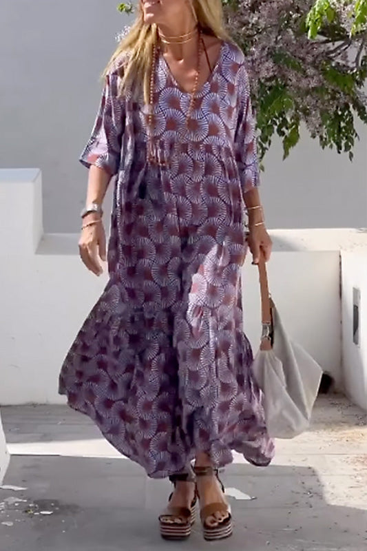 Ibiza Print Loose V Neck Long Sleeve Long Dress