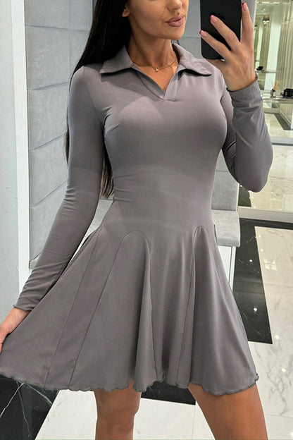 Color Lapel Long Sleeve Slim Fit Waist Mini Dress