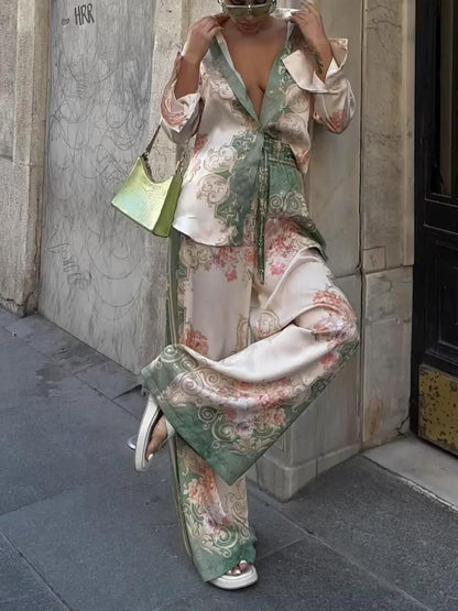 Unique Loose Printed Stretch Waist Wide Leg Pants