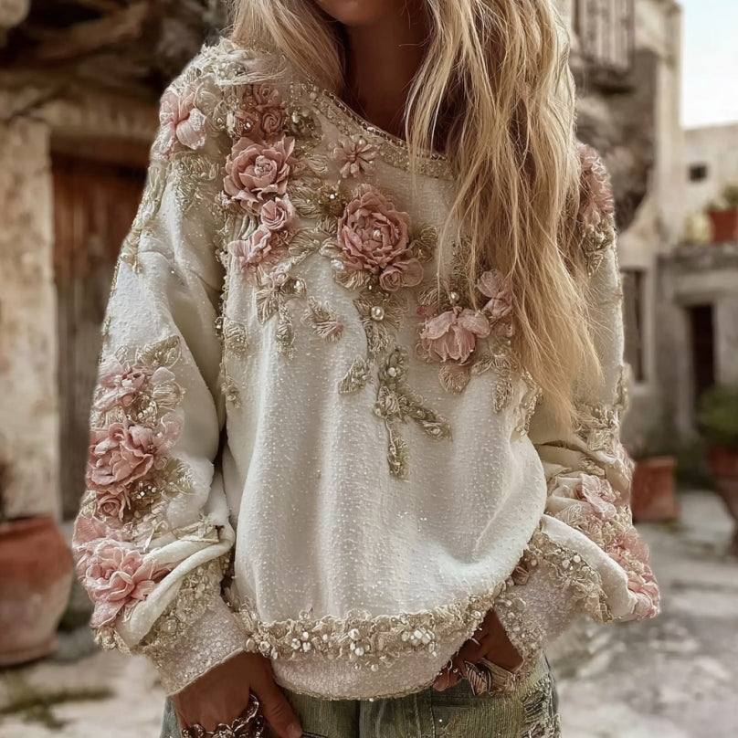 Women's Vintage Pink Rose Embroidery Art Round Neck Casual Sweatshirt elevenforest