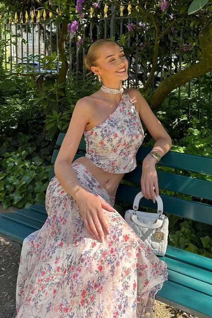 Light Pink Purple One Shoulder Sleeveless Two Piece Set