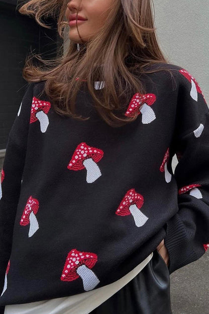 Mushroom Pattern Loose Round Neck Knitted Sweater